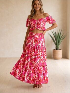 Bright Pink Floral Tiered Maxi Skirt — Summer Statement